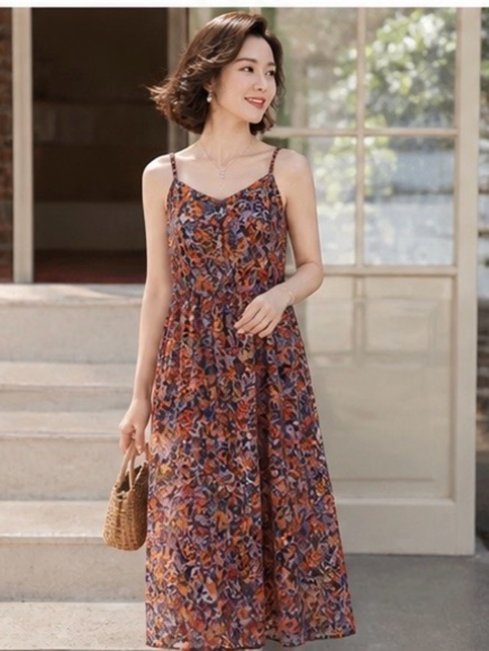 Floral Spaghetti-Strap Maxi Dress in Rust